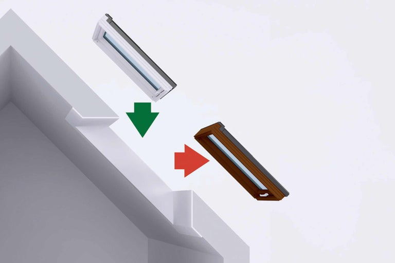 Austausch von Dachfenstern mit grünen und roten Pfeilen dargestellt