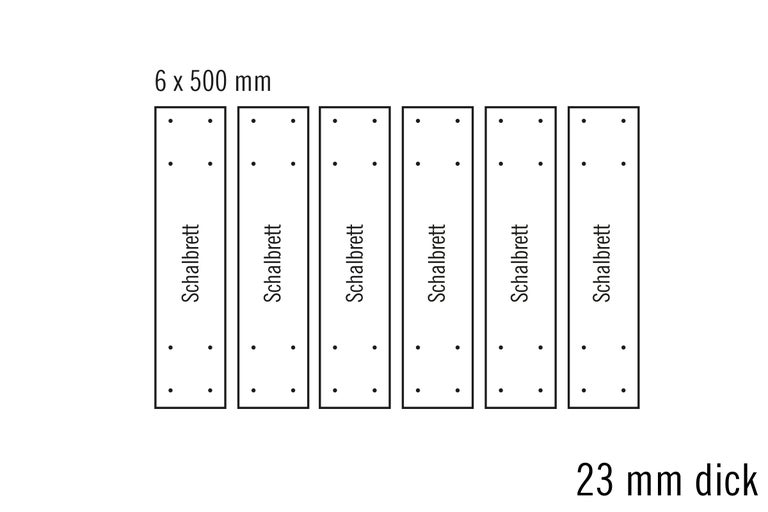 Sechs Schalbretter, je 500 Millimeter lang und 23 Millimeter dick