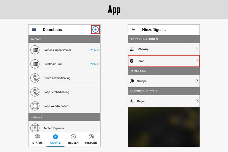 App-Ansicht mit Menü zur Geräteauswahl