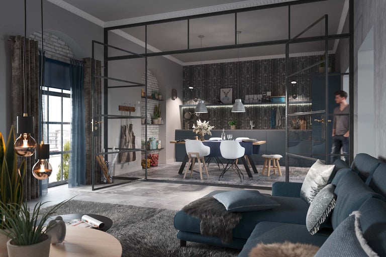 Helles Wohnzimmer mit Sofa, Esstisch und verglaster Trennwand für ein modernes Wohnambiente