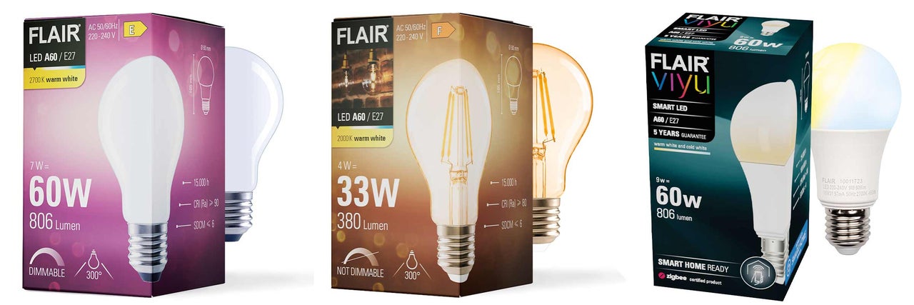 Verschiedene Flair Leuchtmittel A60 E27 mit unterschiedlicher Wattzahl und Lichtfarbe