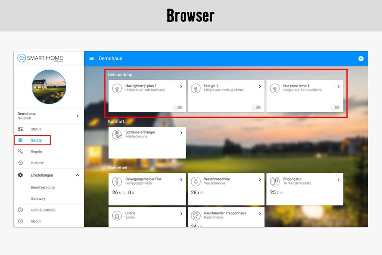 Smart Home App Benutzeroberfläche mit Beleuchtungssteuerung für Hue Lampen
