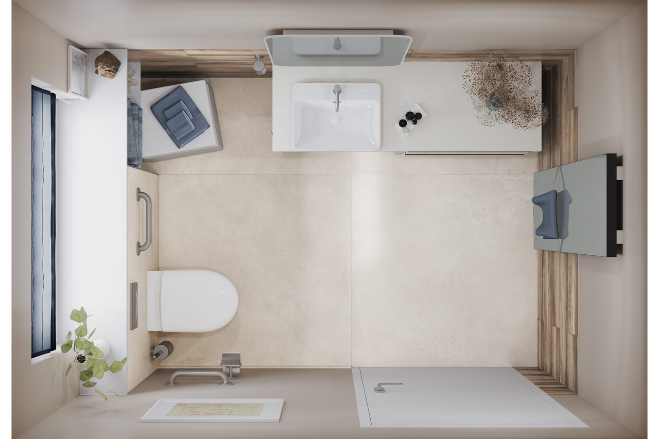 Draufsicht eines hellen Badezimmers mit Toilette, Waschbecken und Dusche