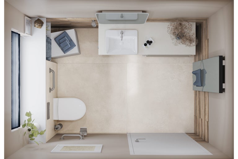 Draufsicht eines hellen Badezimmers mit Toilette, Waschbecken und Dusche