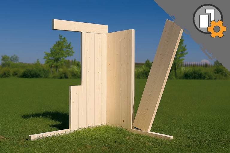 Modulare Holzpaneele und Planken für Konstruktionen im Außenbereich auf einer Rasenfläche.