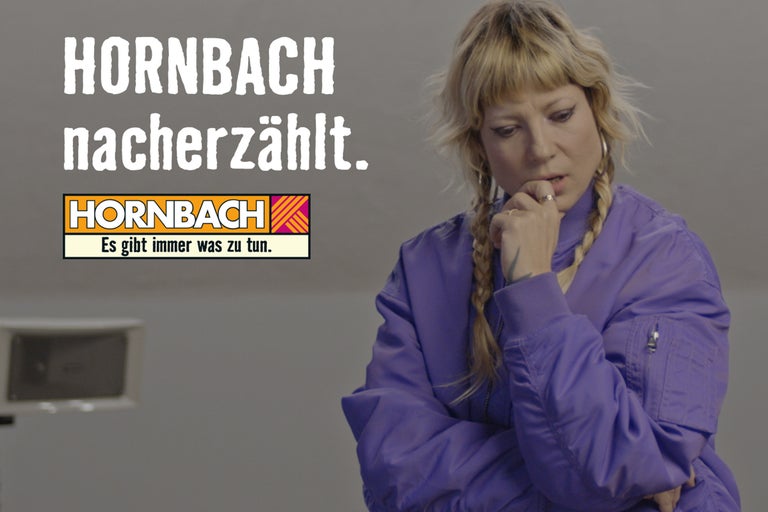Hornbach erzählt. Frau mit Zöpfen und Jacke. Hornbach Logo