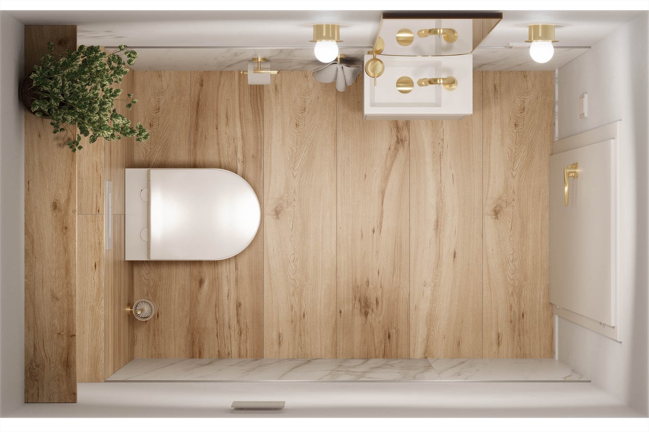 Überblick über ein Badezimmer mit Toilette, Waschbecken und Holzverkleidung