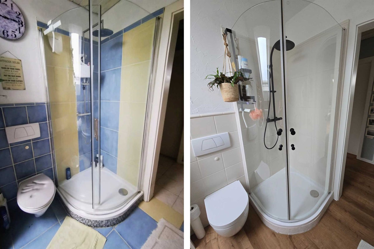 Vorher-Nachher-Bild eines Badezimmers mit einer Duschkabine nach der Renovierung.