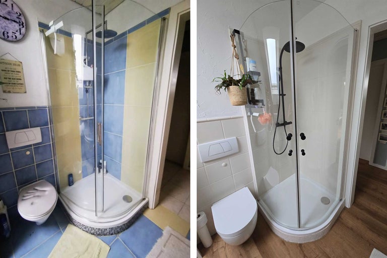 Vorher-Nachher-Bild eines Badezimmers mit einer Duschkabine nach der Renovierung.