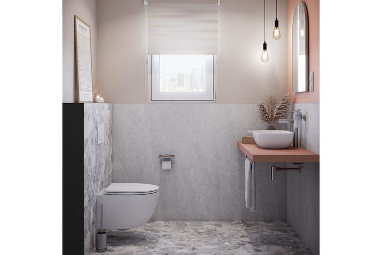 Modernes Badezimmer mit Wand-Tiefspülklosett, Aufsatzwaschbecken und Spiegel