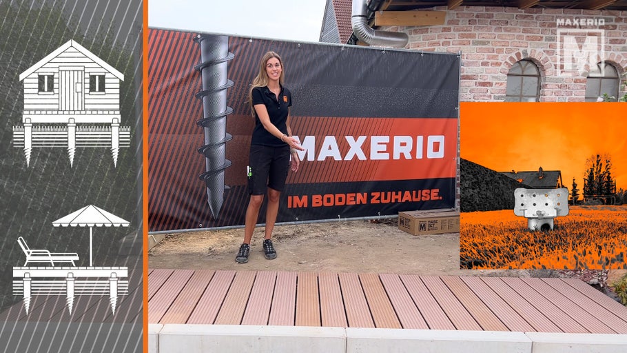 Maxerio Markenbanner mit einer Frau und mehreren Bodenankerprodukten