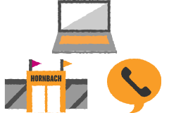 Symbolische Darstellung von Laptop, Hornbach Baumarkt und Telefongespräch