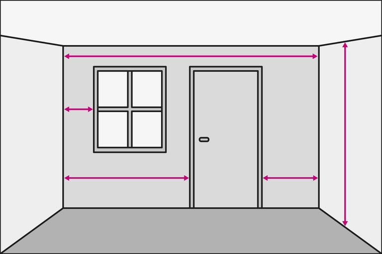 Raumansicht mit Maßangaben für Fenster, Tür und Wand