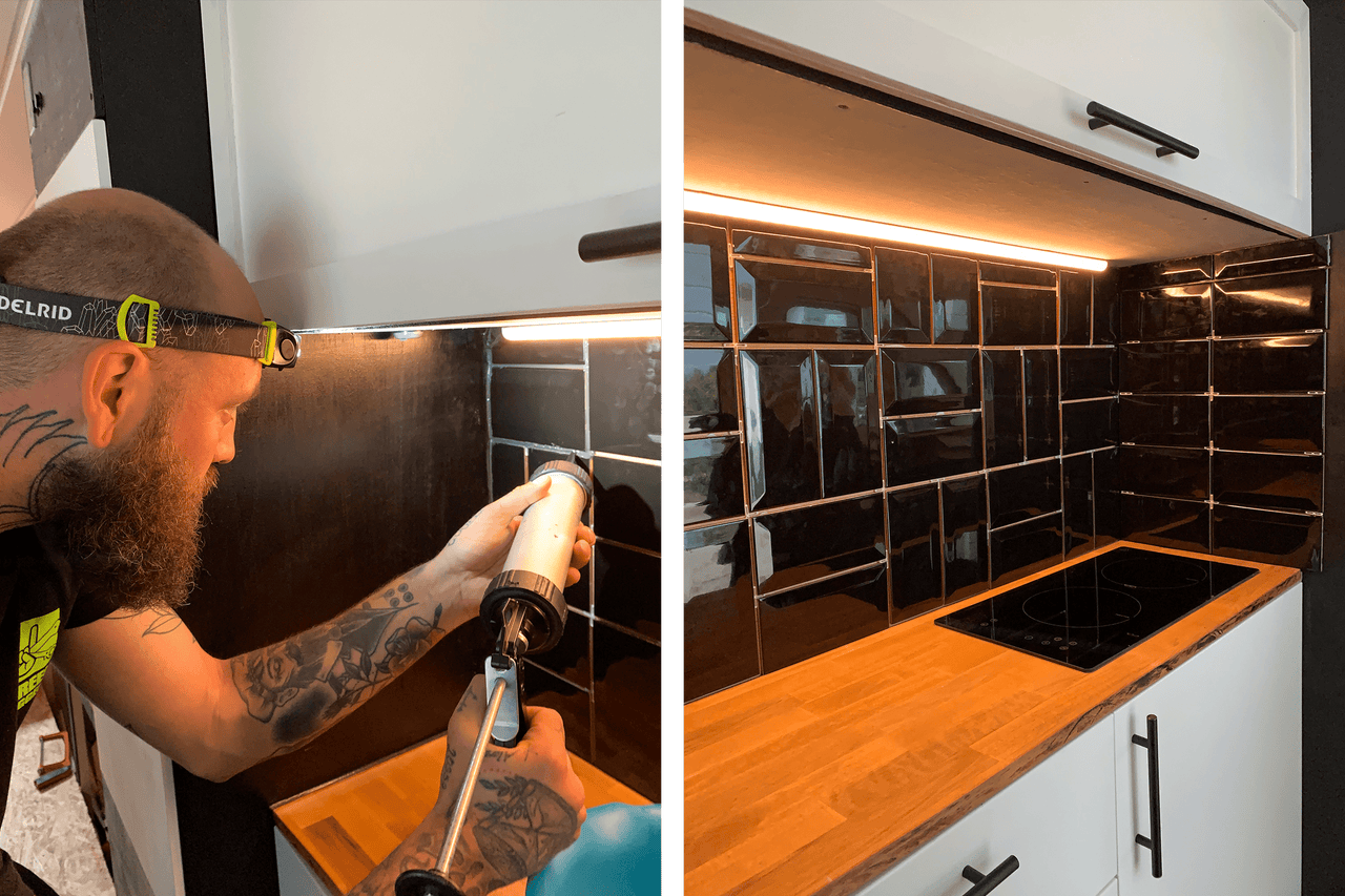 Installation einer Küchenrückwand mit schwarzem Fliesenspiegel und LED Beleuchtung