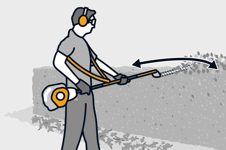 Illustration einer Person, die mit einer Heckenschere eine Hecke schneidet und dabei Gehörschutz und Schutzbrille trägt.