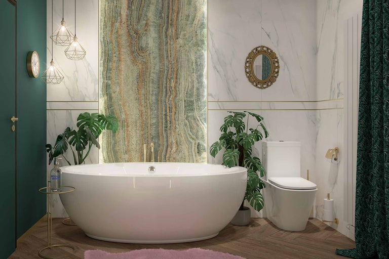 Modernes Badezimmer mit freistehender Badewanne, Toilette und dekorativen Elementen wie Pflanzen und Wandverkleidung