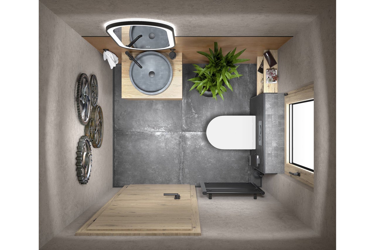 Draufsicht eines modernen Gäste-WCs im Industrial-Stil mit Fliesen in Betonoptik, Holz-Waschtisch, rundem Aufsatzbecken und Wand-WC.