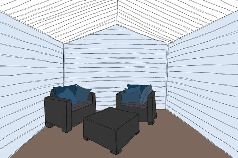 Skizze einer Gartenszene mit zwei Stühlen, Kissen und einem Tisch in einem hellen Raum