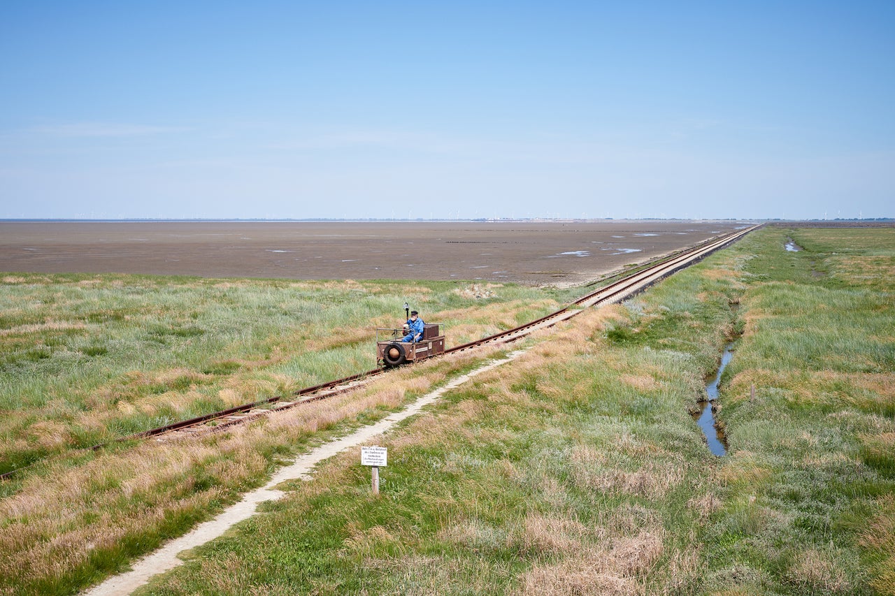 Landschaftsansicht mit Gleisen und Lorenwagen im Wattenmeer