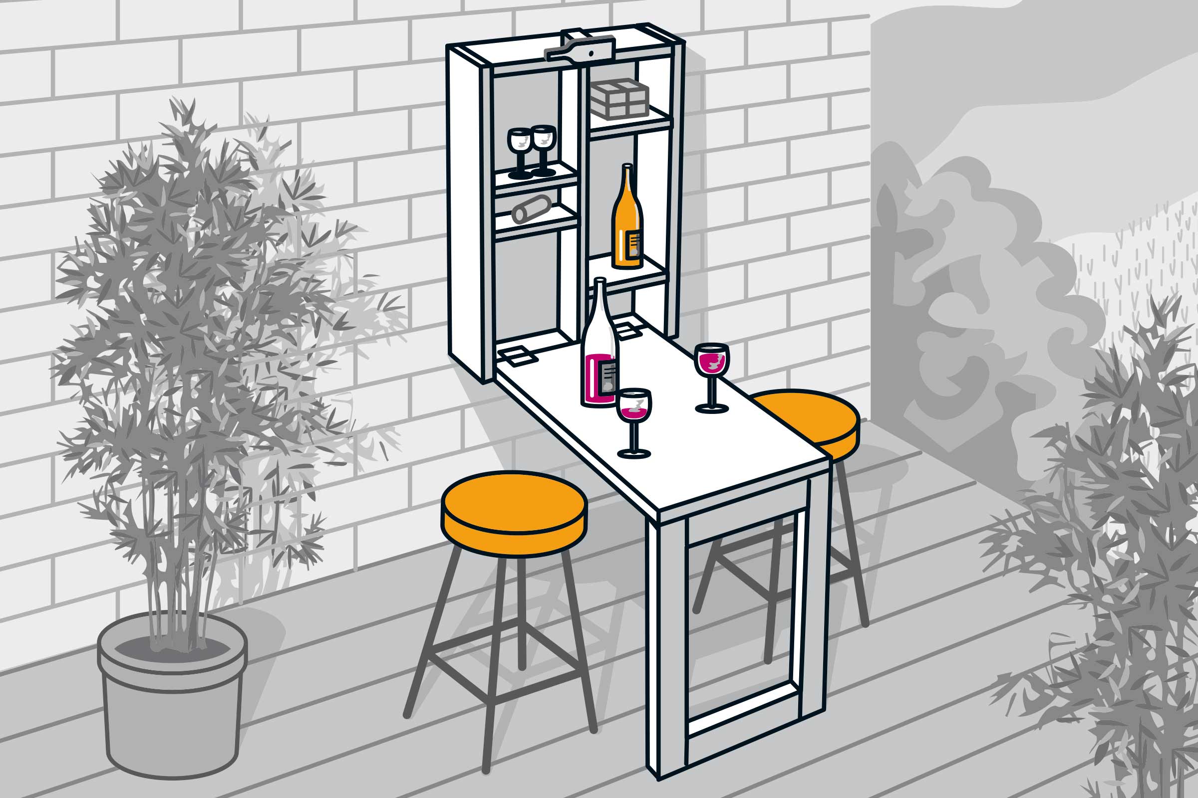 Wandklapptisch mit Staufach, Barhockern, Weinflaschen und Weingläsern auf einer Terrasse