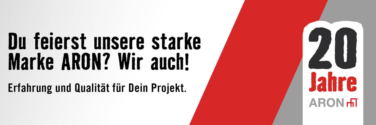 Werbebanner für 20 Jahre ARON mit dem Text: Erfahrung und Qualität für Dein Projekt. ARON Logo.