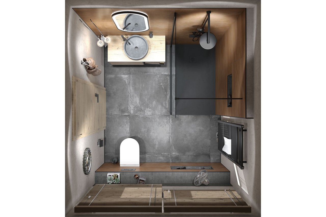 Draufsicht auf ein modernes Badezimmer mit grauen Bodenfliesen, Wandpaneelen in Holzoptik, Walk-In-Dusche, Aufsatzwaschbecken und WC.