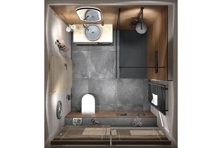 Draufsicht auf ein modernes Badezimmer mit grauen Bodenfliesen, Wandpaneelen in Holzoptik, Walk-In-Dusche, Aufsatzwaschbecken und WC.
