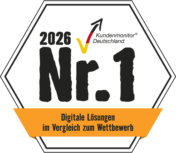 Icon Auszeichnung Kundenmonitor Deutschland 2026: Nummer 1 für digitale Lösungen im Vergleich zum Wettbewerb.