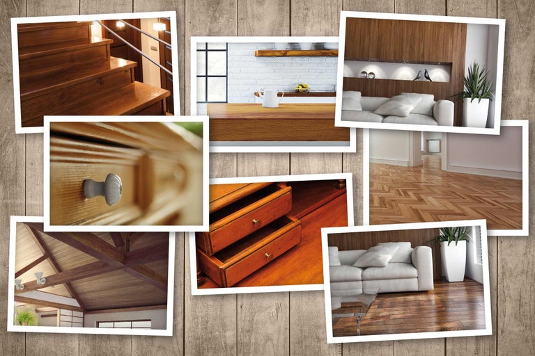 Collage von Innenraumfotos auf Holzgrund