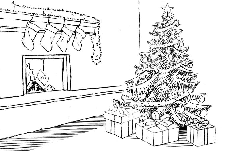 Illustration eines Wohnzimmers mit Kamin, Weihnachtsbaum und Geschenken