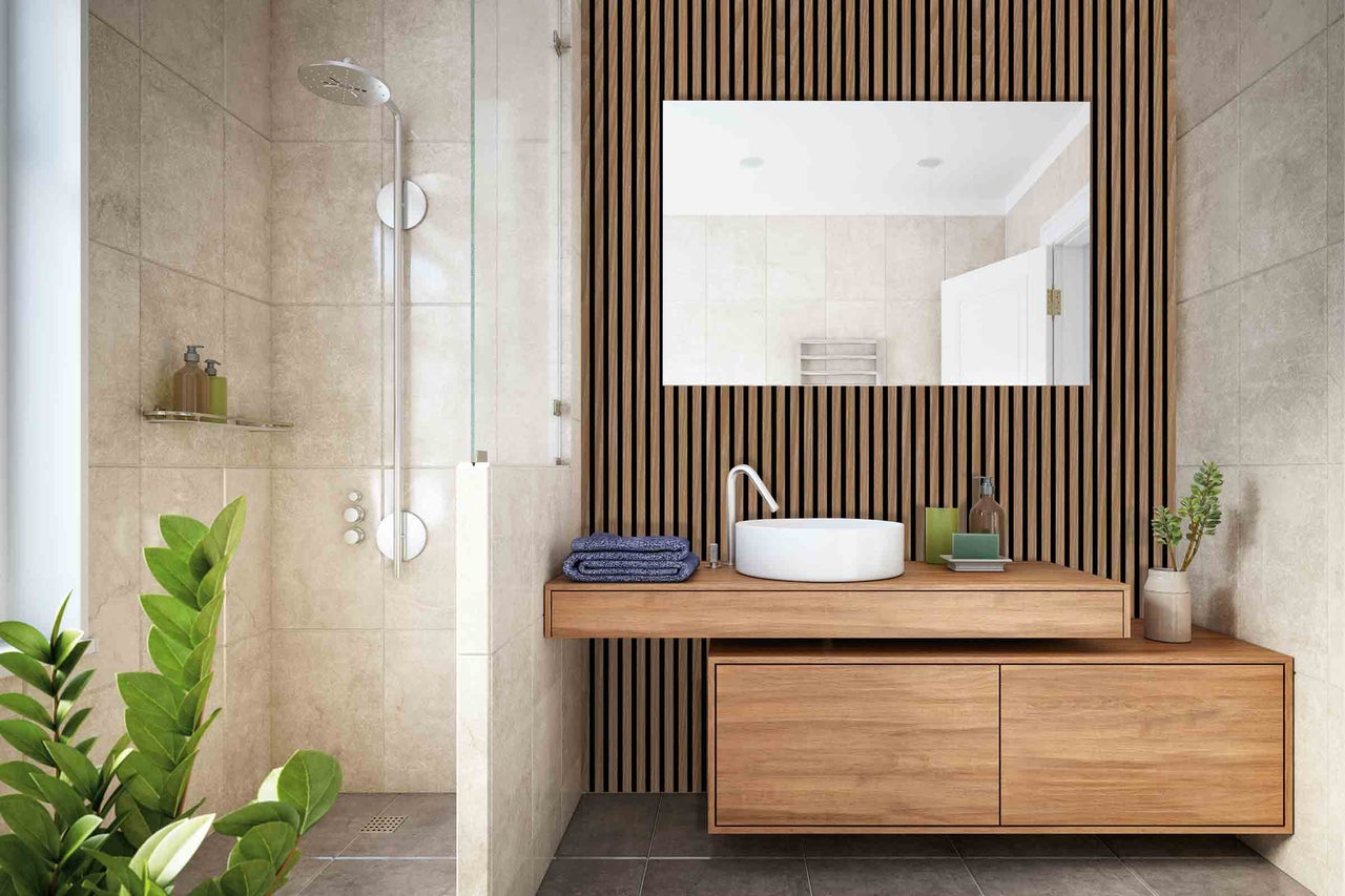 Modernes Badezimmer mit Dusche, Waschtisch und Holzverkleidung