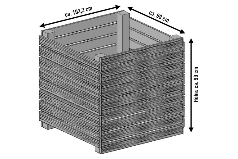 Abbildung eines Pflanzkastens mit den Maßen circa 103,2 cm Breite, circa 99 cm Länge und circa 99 cm Höhe