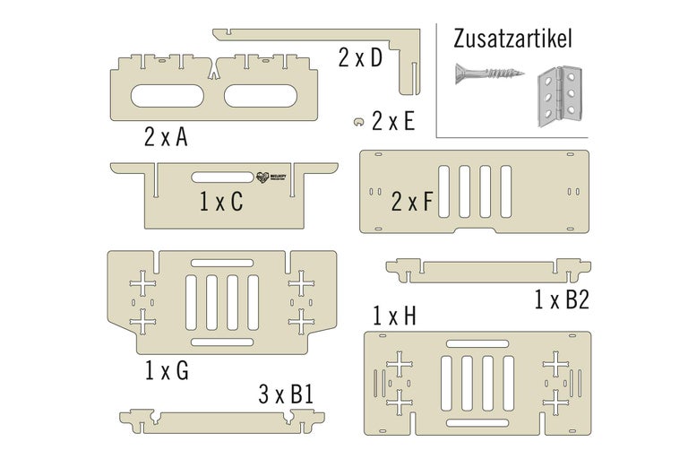 Einzelteile für ein Bauprojekt mit Schrauben und Scharnieren als Zubehör