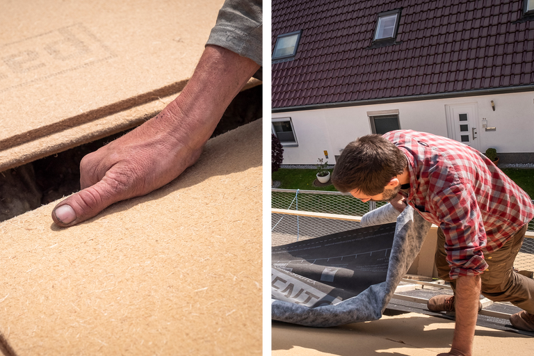 Mann verlegt Holzfaserplatten und Dachabdichtung auf einem Dach.