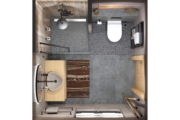 Ansicht von oben eines Badezimmers mit Dusche, Toilette, Waschbecken, Spiegel und Badewanne