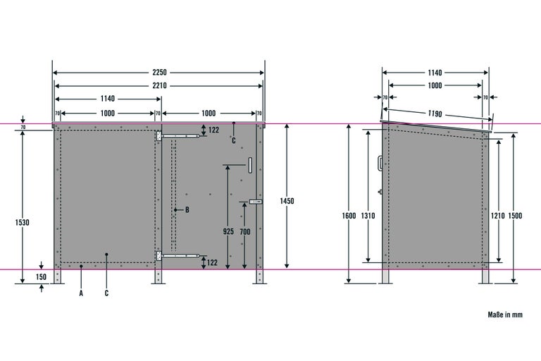 Technische Zeichnung eines Gartenhauses mit Maßangaben in Millimetern