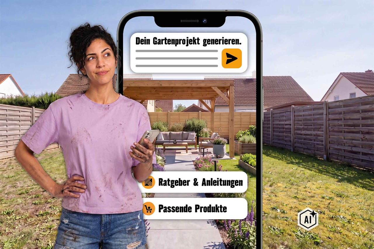 Frau plant ihr Gartenprojekt online. Das Smartphone zeigt einen gestalteten Garten mit Holzpergola, Terrasse und Blumen. Bild ist als KI-modifiziert gekennzeichnet.