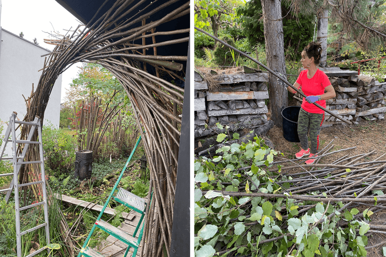 Gartenarchitektur mit Weidenbogen und Gärtnerin bei der Arbeit.