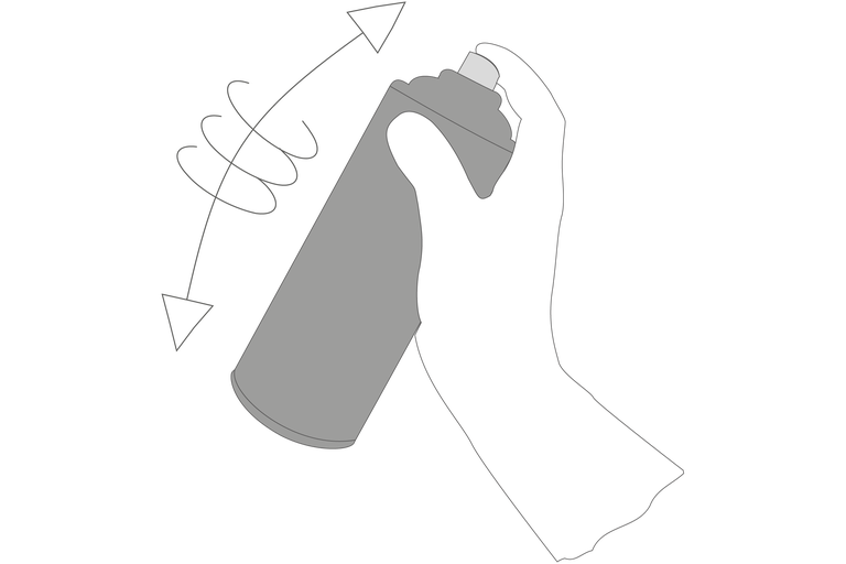 Darstellung einer Hand, die eine Sprühdose vor Gebrauch schüttelt