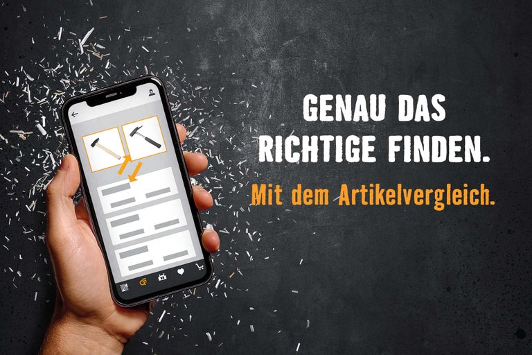 Smartphone mit Artikelvergleich in der HORNBACH App, daneben der Text „Genau das richtige finden. Mit dem Artikelvergleich.“