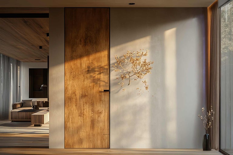 Helles Wohnzimmer mit Holztür, Dekorationen und gemütlichen Möbeln