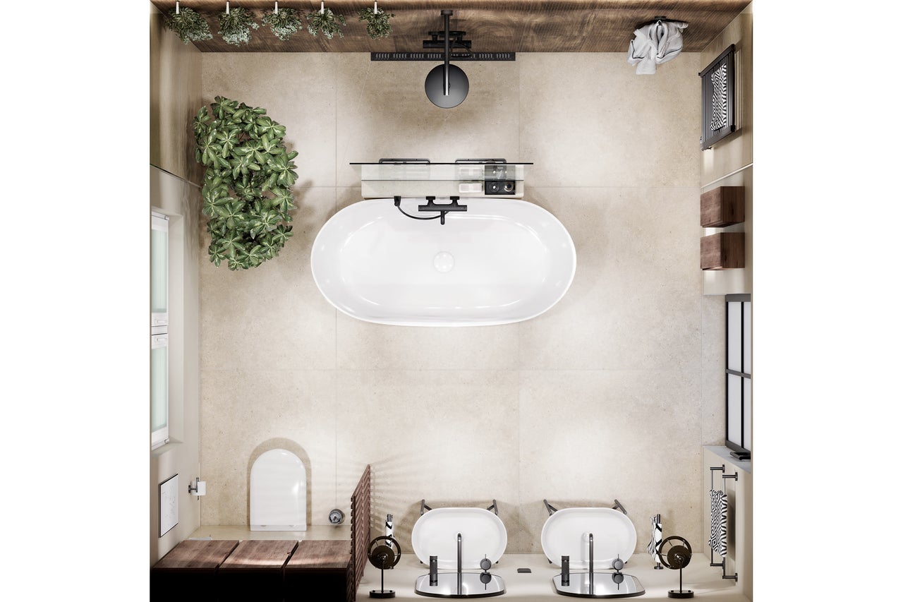 Draufsicht auf ein modernes, helles Badezimmer mit freistehender Badewanne, Doppelwaschtisch, WC und großflächigen Fliesen.