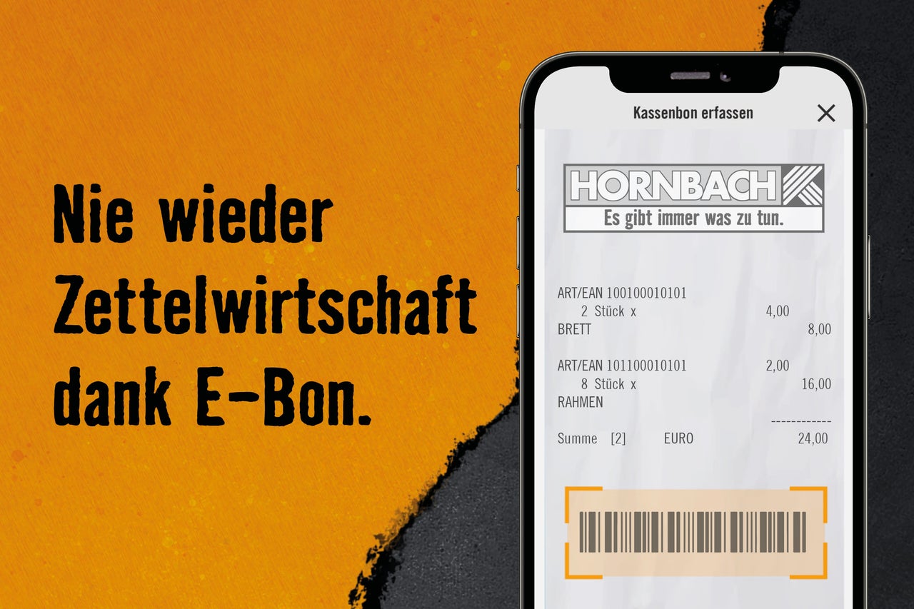 Nie wieder Zettelwirtschaft dank E-Bon, dargestellt auf einem Smartphone mit Hornbach Logo.