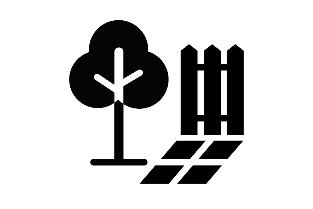 Symbol für Baum, Zaun und Pflastersteine im Garten