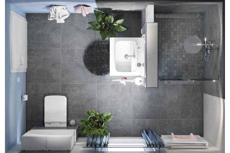 Draufsicht eines Badezimmers mit Dusche, Waschbecken, Toilette und Badmöbeln