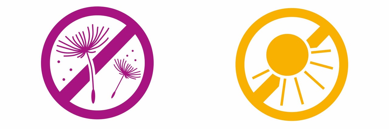 Symbol: Nicht für Allergiker geeignet, Symbol: Vor direkter Sonneneinstrahlung schützen