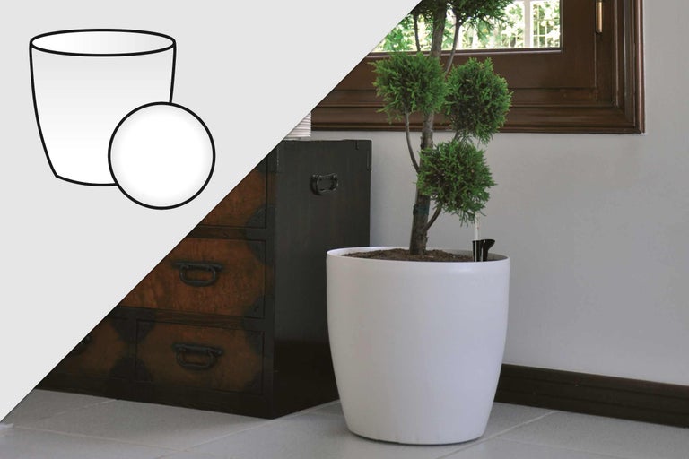 Weißer Blumentopf mit Bewässerungssystem und Pflanze