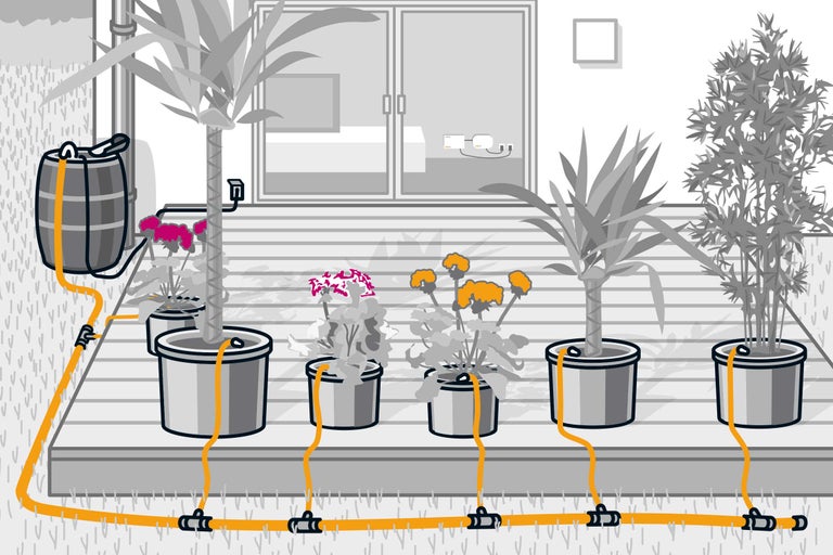 Illustration einer Gartenbewässerungsanlage mit Pflanzen in Töpfen und einem Wasserfass.