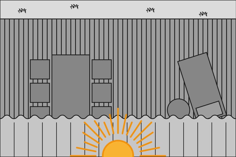 Draufsicht einer Terasse mit Gartenmöbeln und Sonne im Norden.