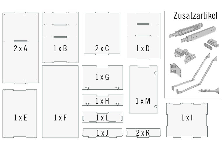 Übersicht von Möbelteilen und Zubehör